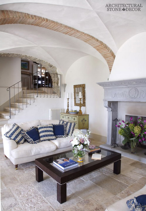 Greek Cycladic style living room Dalle de Bourgogne reclaimed salvaged antique limestone flooring tiles Canada BC Toronto