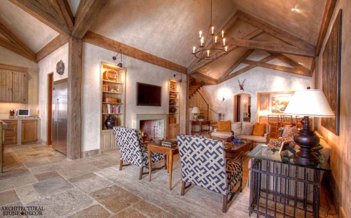 French style family room Dalle de Bourgogne reclaimed salvaged antique limestone flooring tiles canada