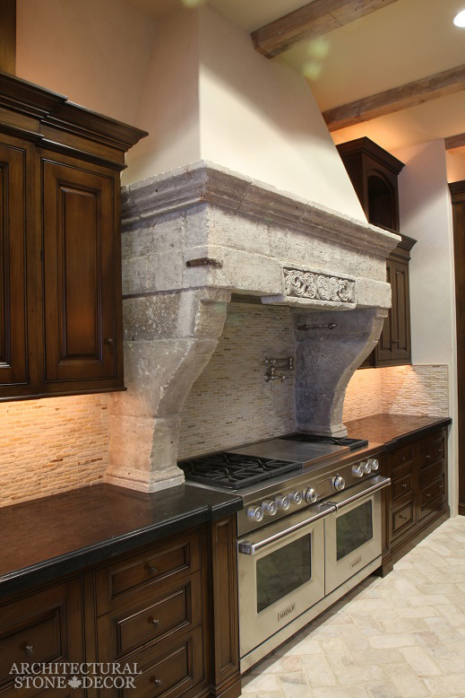 farmhouse style kitchen hood hand carved reclaimed limestone canada Toronto Vancouver