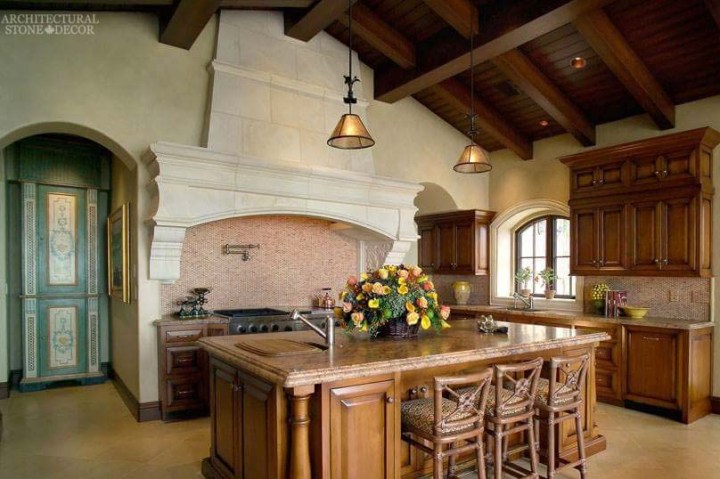 French Country rustic limestone kitchen hood Canada Ontario