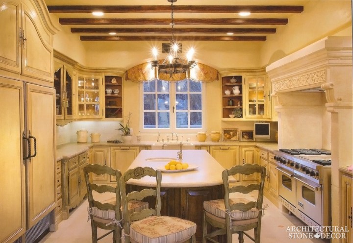 French style salvaged hand carved natural stone kitchen hood Canada Manitoba