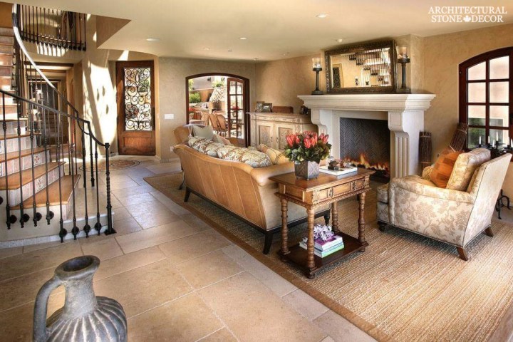 simple newly carved limestone natural stone fireplace mantel canada living room decor Barre Blonde flooring