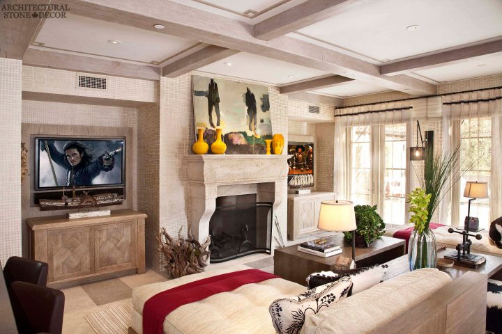 newly carved limestone natural stone hand carved fireplace mantel canada living room decor cream white wood ceiling beams