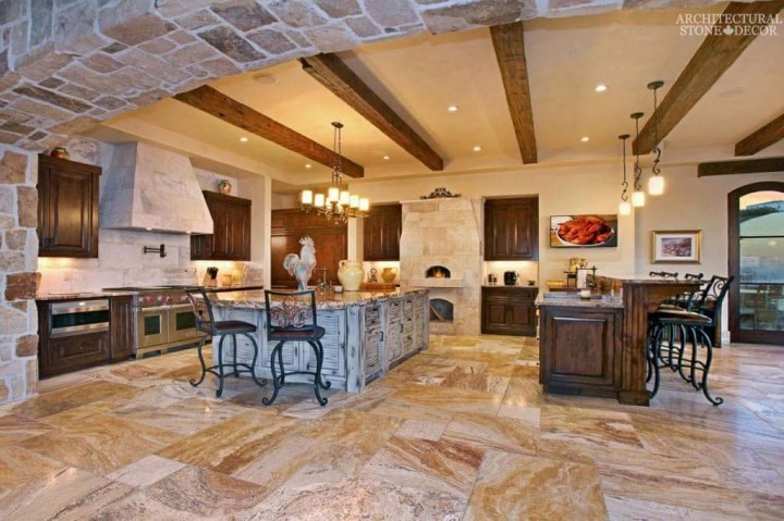 Mediterranean Tuscan kitchen hood pizza oven reclaimed hand carved limestone marble countertops Canada Toronto