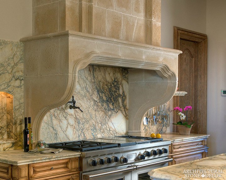Modern Italian kitchen hood reclaimed limestone marble onyx backsplash Canada Ottawa