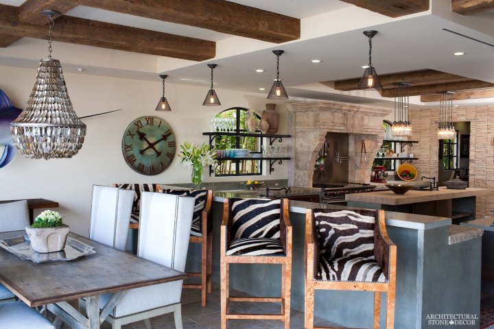 coastal style kitchen rustic salvaged reclaimed limestone natural stone kitchen hood butcher block counter tops Canada BC Vancouver