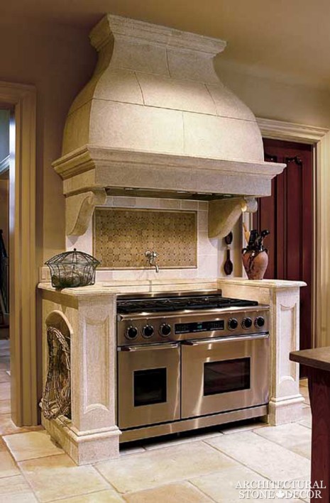 reclaimed Dalle de Bourgogne flooring in random configuration rustic stone kitchen hood Canada Vancouver