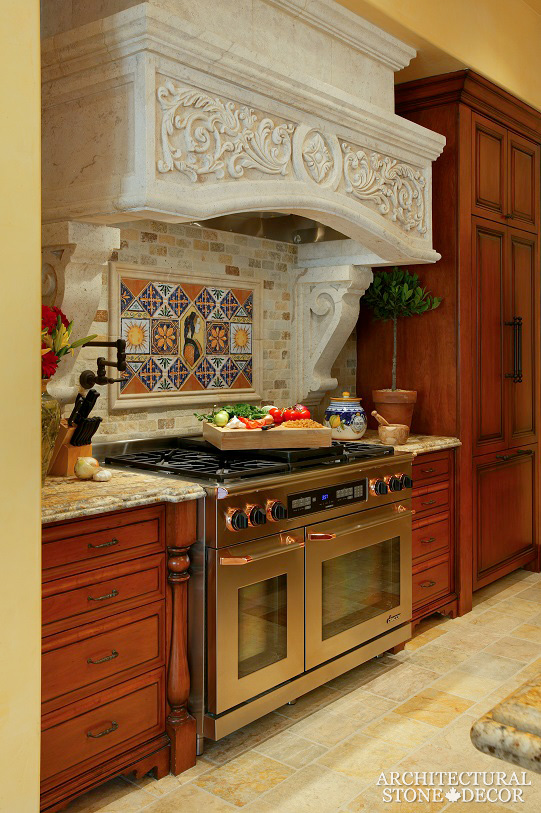 Tuscan style kitchen hood hand carved salvaged reclaimed old world rustic limestone Canada Vancouver BC
