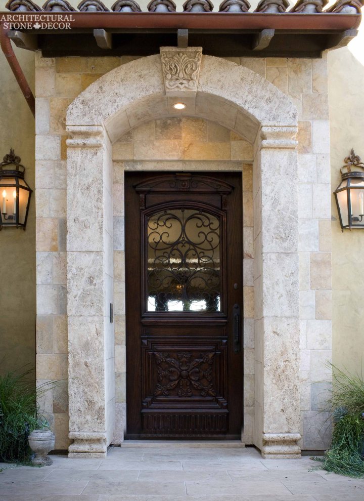 English Tudorian Gothic style handcarved natural limestone entryway Keyhole Canada