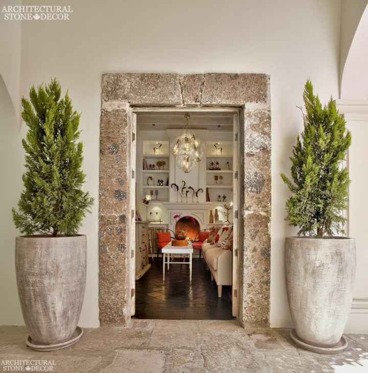French country style minimalist hand carved antique natural stone entrance terracotta planters French limestone flooring Dalle de Bourgogne Canada Toronto Vancouver