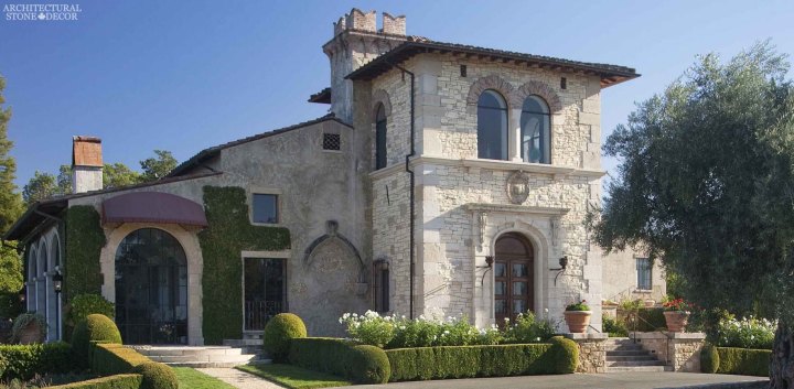 Tuscan Style villa hand carved stone entrance Canada Ontario Toronto British columbia Architectural Stone Decor