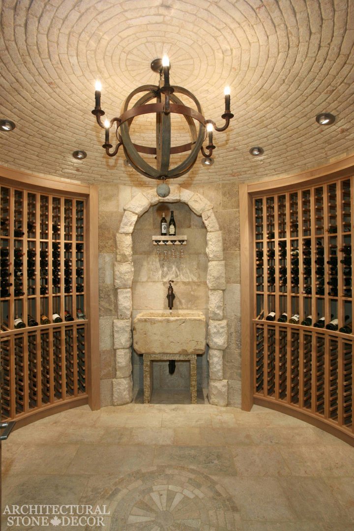 Antique Rustic Old world wine cellar salvaged reclaimed limestone sink entryway arch wall cladding ceiling and flooring