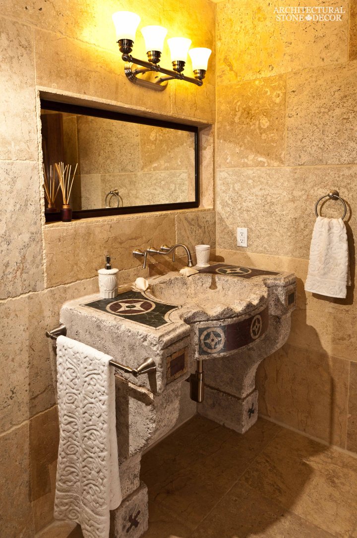 antique rustic reclaimed natural limestone stone flooring tiles planks old world Barre Blonde bathroom sink wall cladding