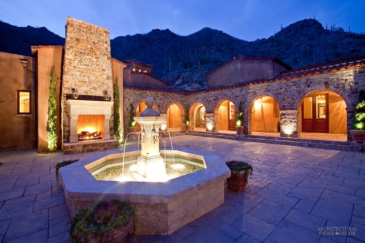 antique-limestone-pool-fountain-installed-in-villa-courtyard-backyard-outdoor-fireplace