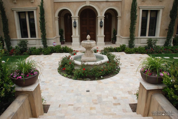 antique-limestone-pool-fountain-french-flooring-archways-window sills