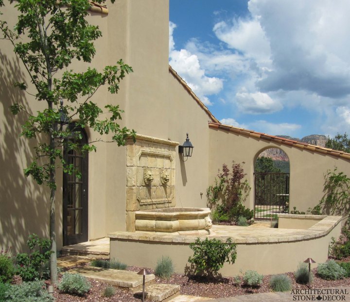 Mediterranean antique old rustic reclaimed old world natural stone hand carved limestone exterior outdoor water wall fountain garden design ideas landscape