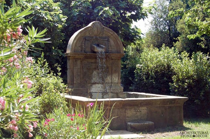 French Provincial antique old rustic reclaimed old world natural stone hand carved limestone exterior outdoor water wall fountain garden design ideas landscape