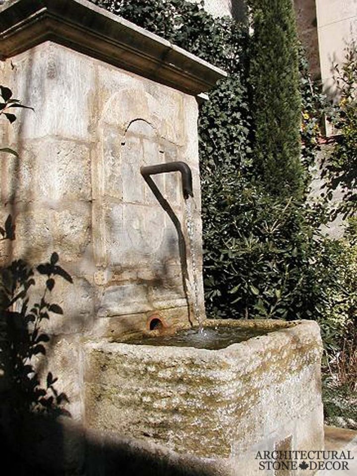 Tuscan raw antique old rustic reclaimed old world natural stone hand carved limestone exterior outdoor water wall fountain garden design ideas landscape