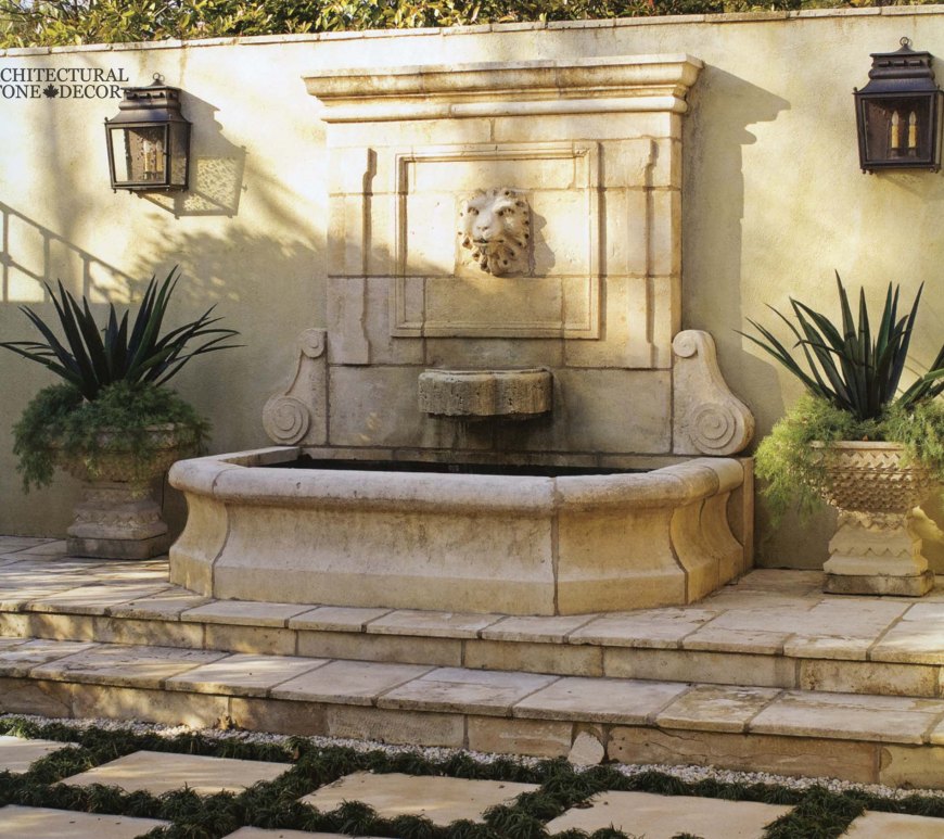 Tuscan antique old rustic reclaimed old world natural stone hand carved limestone exterior outdoor water wall fountain garden design ideas landscape