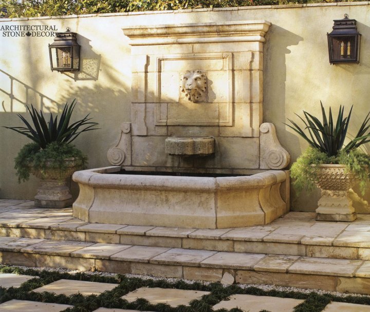 Tuscan antique old rustic reclaimed old world natural stone hand carved limestone exterior outdoor water wall fountain garden design ideas landscape