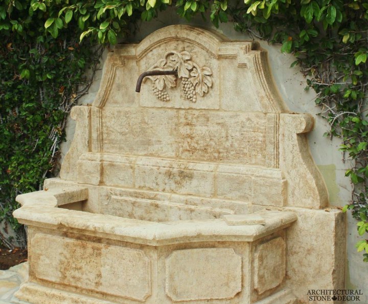 Tuscan Mediterranean antique old rustic reclaimed old world natural stone hand carved limestone exterior outdoor water wall fountain garden design ideas landscape