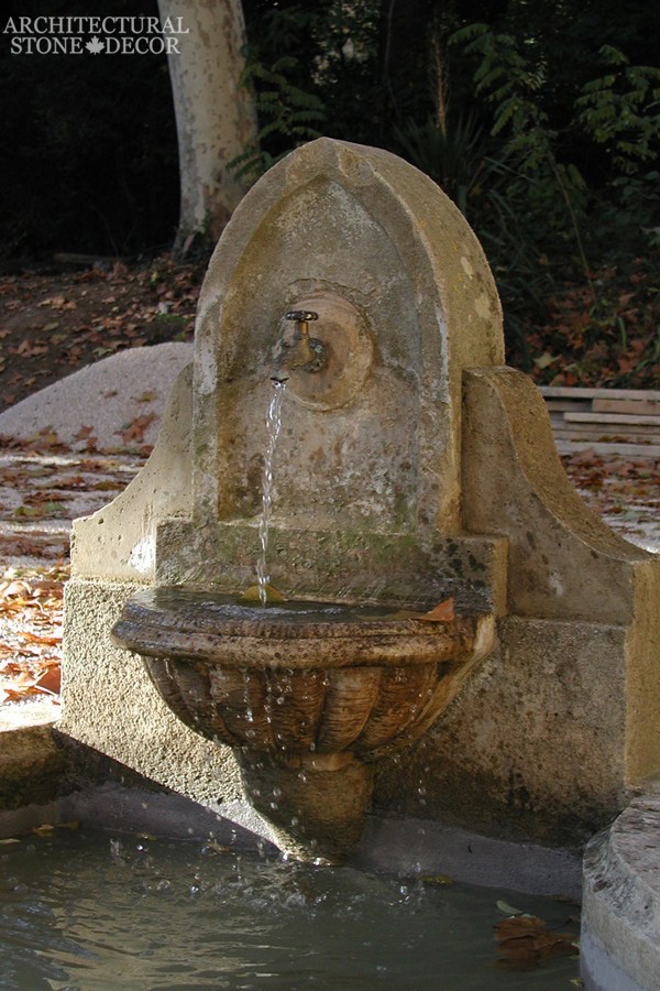 Arabesque antique old rustic reclaimed old world natural stone hand carved limestone exterior outdoor water wall fountain garden design ideas landscape