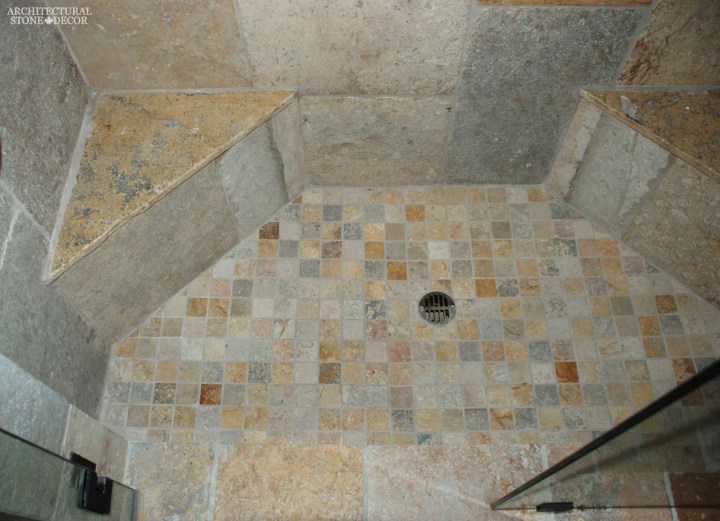 Mediterranean shower bathroom design limestone flooring wall cladding benches ca