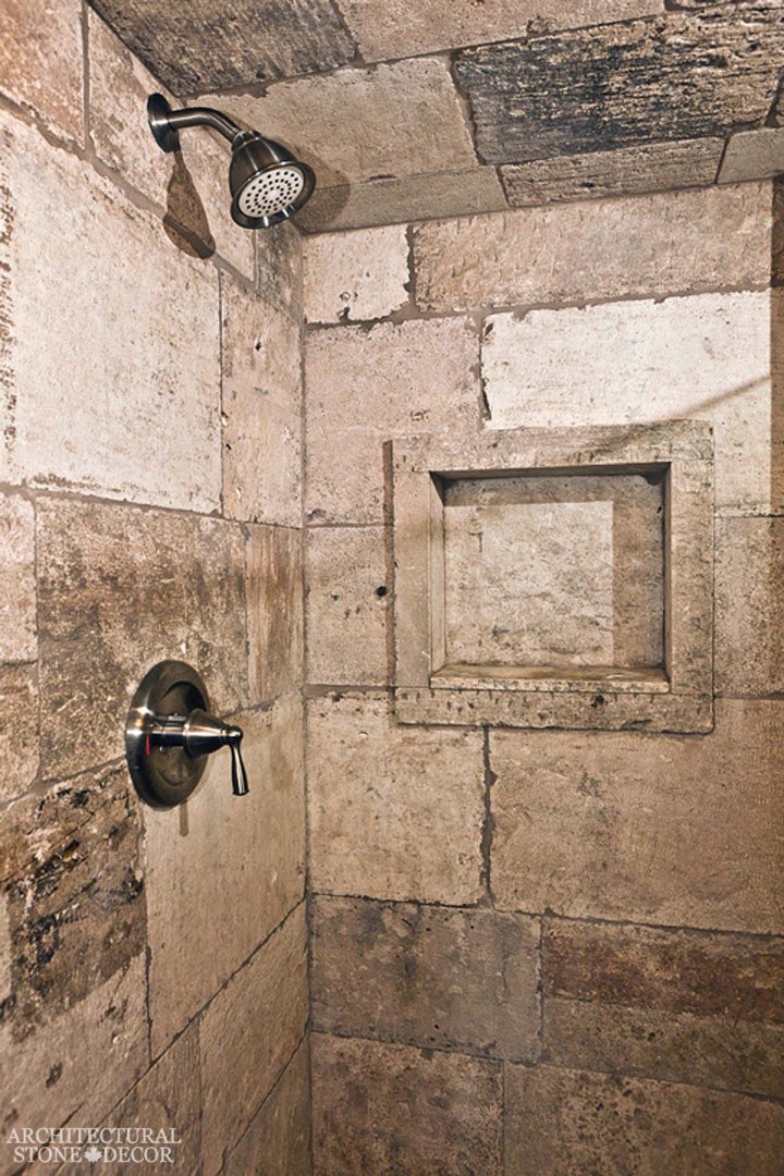 Medieval old world bathroom design interior limestone natural stone shower ca