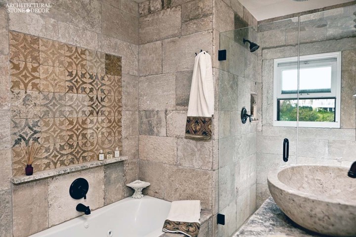 Medieval style bathroom old world limestone natural stone shower hand etched wall design wall cladding sink ca