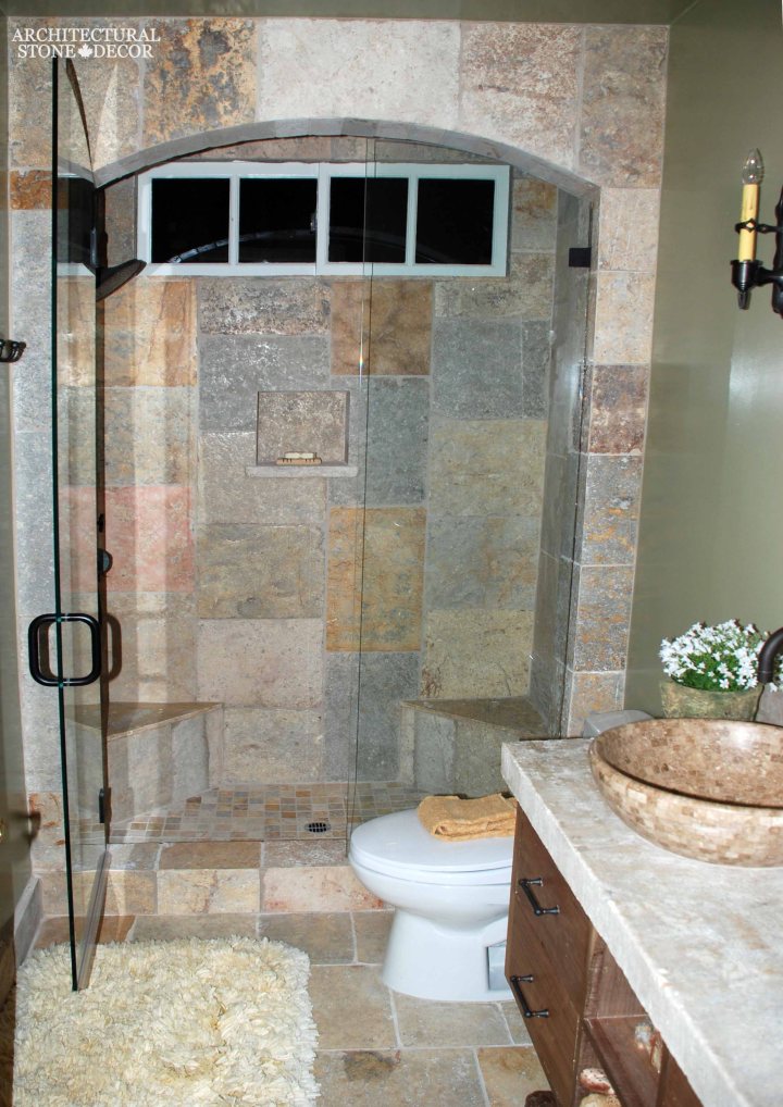 Farmhouse bathroom design idea shower limestone natural stone flooring wall cladding sink countertop canada ca