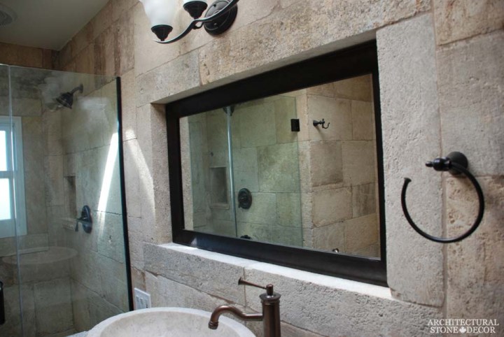 Medieval style bathroom old world limestone natural stone shower hand etched wall design wall cladding sink ca