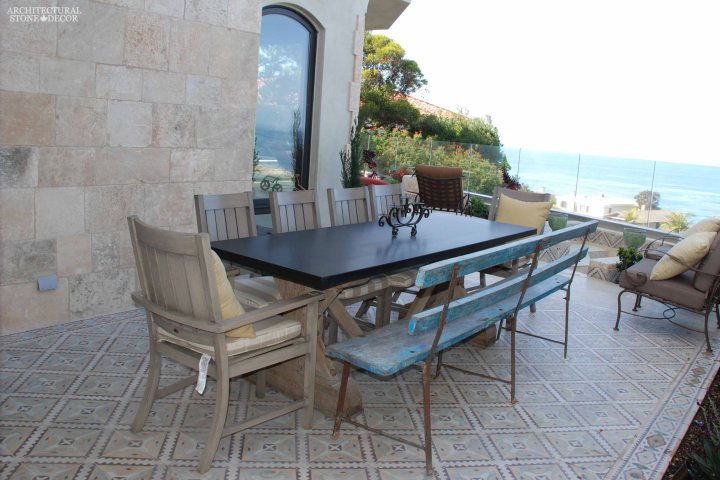 West coast style villa home reclaimed limestone natural stone wall cladding veneer French colored encaustic cement pavers canada ca