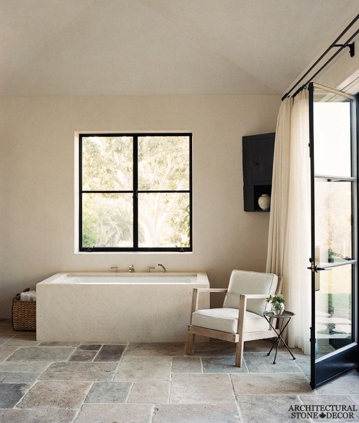Cottage style master bathroom Tuscan style reclaimed antiqued natural stone bathtub flooring canada ca
