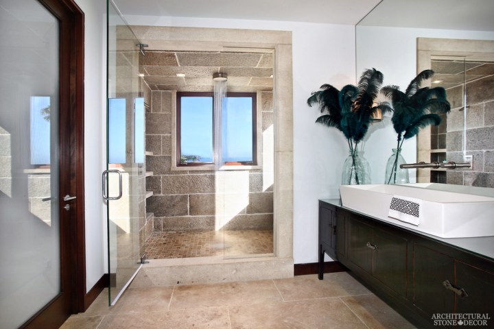 modern Eclectic style master bathroom reclaimed antiqued stone shower flooring wall cladding canada ca