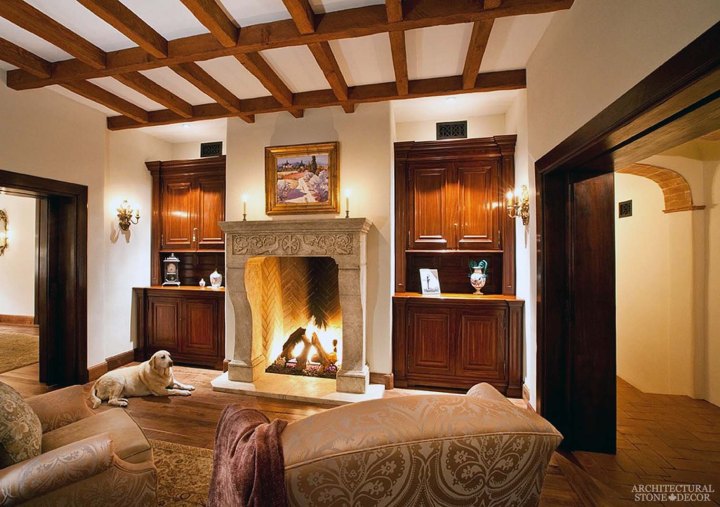 farmhouse style master bedroom reclaiemd antiqued limestone fireplace mantel canada ca