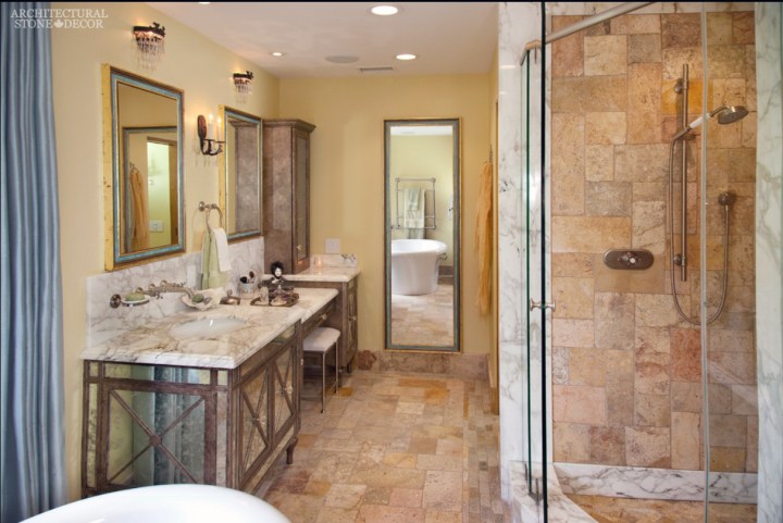 french country style master bathroom reclaimed antiqued limestone marble built-in shower sinks canada ca