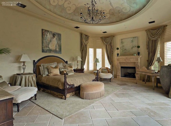 louis style master bedroom reclaimed flooring planks natural stone fireplace mantel canada ca