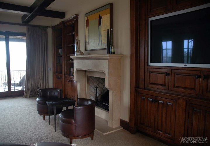 Mediterranean style master bedroom limestone stone fireplace mantel canada ca