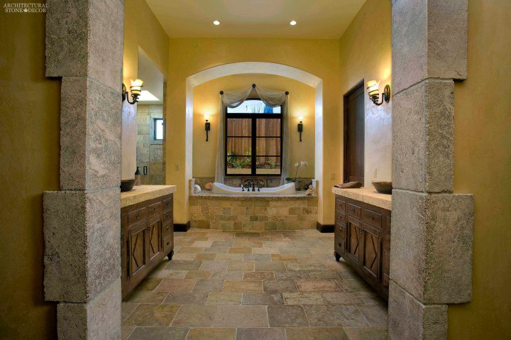 canada ca master bathroom Tuscan rustic style reclaimed antiqued stone flooring cladding