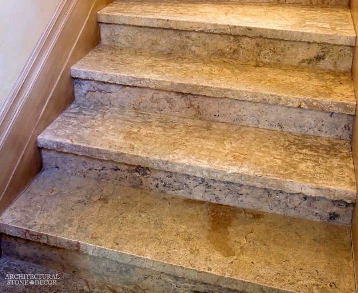 ancient reclaimed rustic old world natural stone limestone Barre Blonde indoor stairsteps planks stairway staircase canada ca