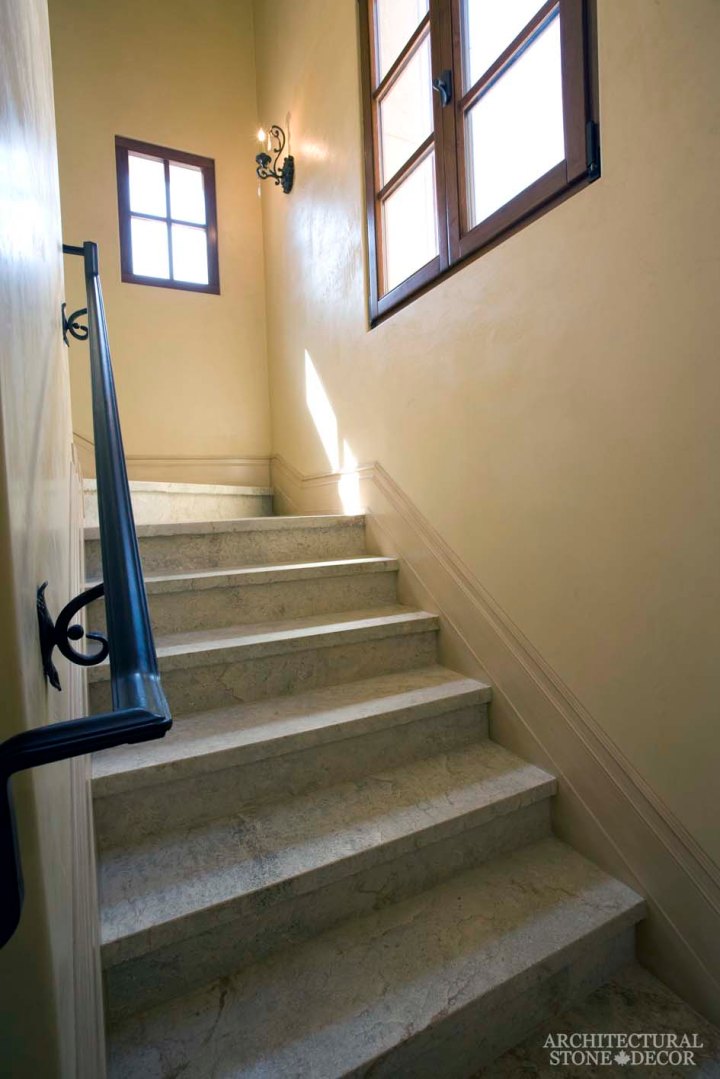 ancient reclaimed rustic old world natural stone limestone planks tiles Barre Blonde indoor stairsteps stairway staircase canada ca