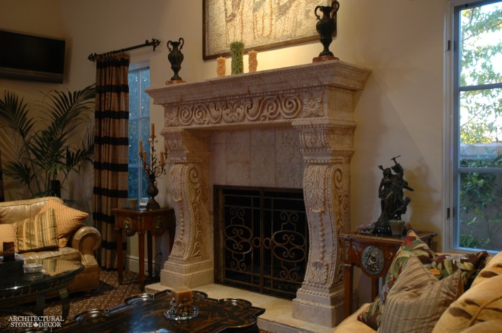 farmhouse-living-room-design-idea-with-heavy-carved-old-antique-stone-fireplace-mantel-canada