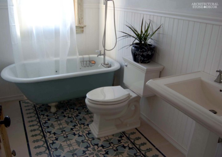 Canada ca Toronto Vancouver reclaimed old french colored cement pavers encaustic tiles flooring home style interior design decor bathroom