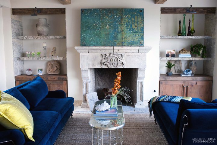 Mediterranean style home reclaimed rustic old natural stone limestone living room fireplace mantel shelves canada ca Toronto BC