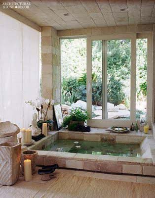 Mediterranean style bathroom spa reclaimed rustic old natural stone limestone hand carved column wall cladding canada ca Toronto BC