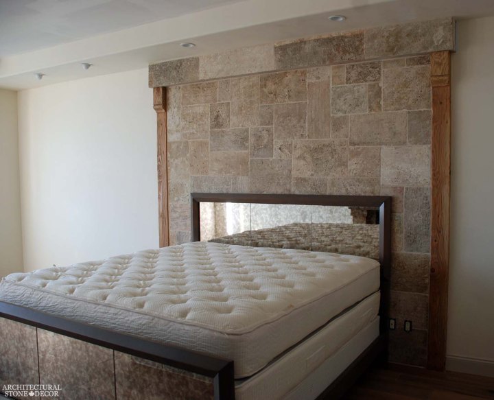 canada toronto vancouver BC CA UK modern neolithic salvaged reclaimed rustic antique old world natural stone limestone wall cladding carved bedroom bed headboard
