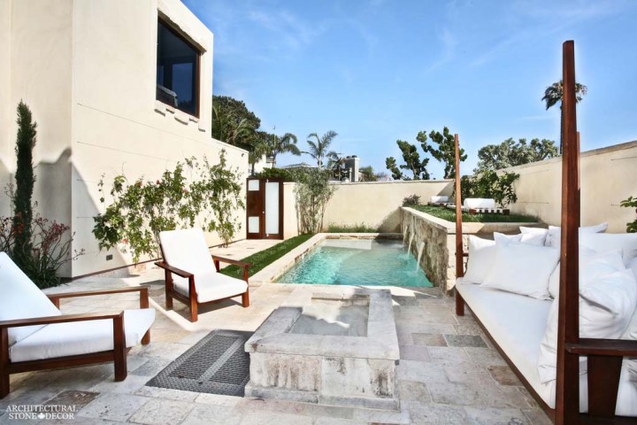 canada toronto vancouver BC CA UK coastal Mediterranean style home villa terrace balcony backyard interior design home décor salvaged reclaimed rustic antique natural stone limestone Dalle de Bourgogne flooring tiles fire pit