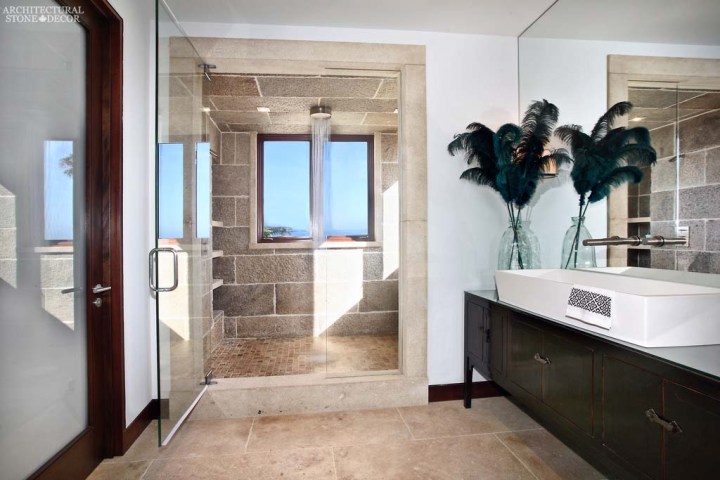 canada toronto vancouver BC CA UK coastal Mediterranean style home villa bathroom shower interior design home décor salvaged reclaimed rustic antique natural stone limestone flooring tiles
