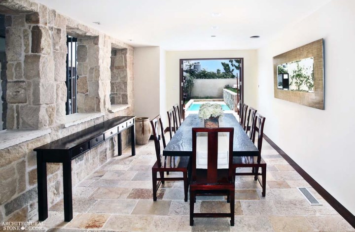 canada toronto vancouver BC CA UK coastal Mediterranean Tuscan style home villa dining room interior design home décor salvaged reclaimed rustic antique natural stone limestone flooring tiles cladding