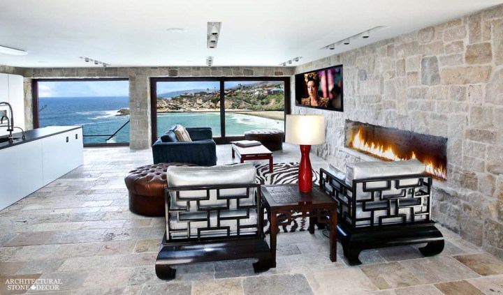 canada toronto vancouver BC CA UK coastal Mediterranean Tuscan style home villa living room interior design home décor salvaged reclaimed rustic antique natural stone limestone flooring tiles cladding